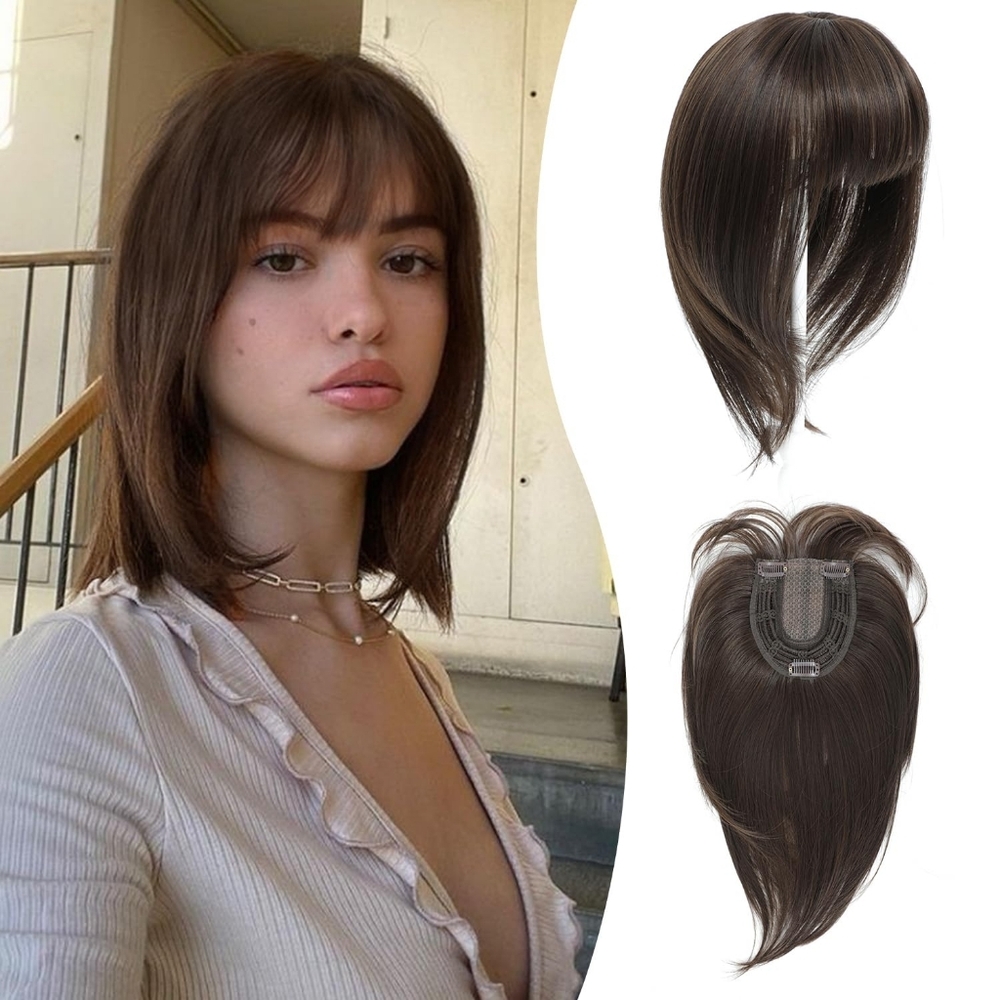12” Hair Topper with Bangs – Soft Brown Straight Clip-In Top Wiglet‎